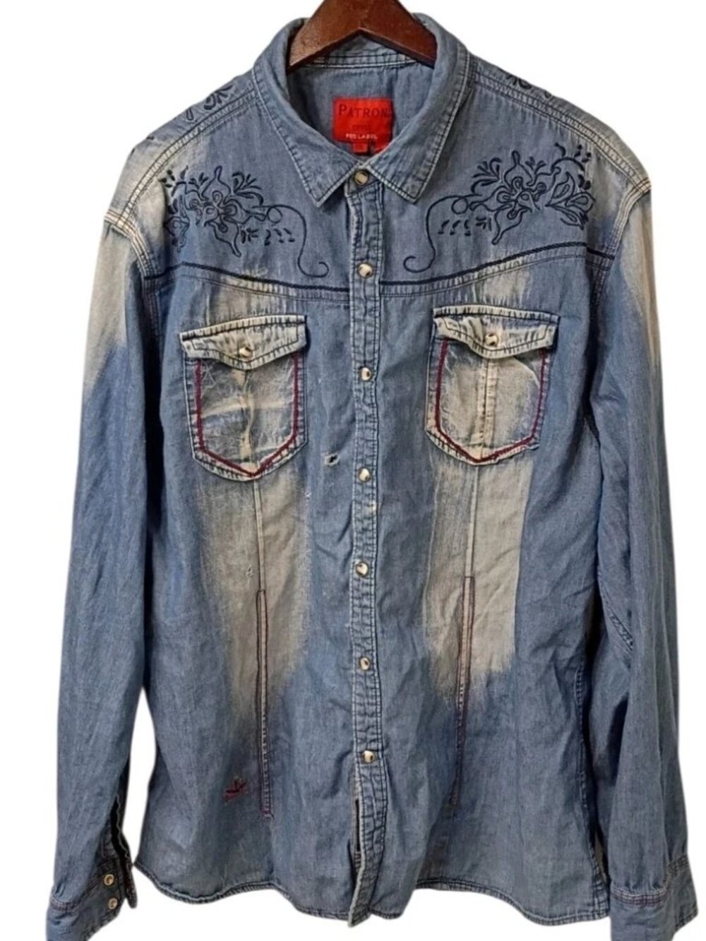 Patron Rock Roll Cowgirl Floral Embroidered Western Pearl Snap Denim Shirt XXL